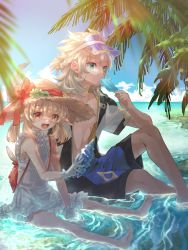Rule 34 | 1boy, 1girl, :d, ahoge, albedo (genshin impact), alternate costume, armpits, backpack, bag, bare legs, barefoot, blue eyes, blue sky, blurry, bow, braid, brown hair, casual, cloud, cloudy sky, clover, coconut tree, collarbone, commentary request, cone, depth of field, dress, eating, food, four-leaf clover, genshin impact, gloves, hair between eyes, hat, hat bow, hat ornament, hat ribbon, height difference, highres, holding, holding food, horizon, in water, jacket, klee (genshin impact), light brown hair, long hair, looking at viewer, looking away, low twintails, midriff, ocean, open mouth, orange eyes, palm tree, pointy ears, popsicle, ribbon, shorts, sidelocks, single braid, sitting, size difference, sky, smile, soles, straw hat, sun hat, sunlight, toes, tree, twintails, vision (genshin impact), visor cap, white dress, white gloves, yoco n