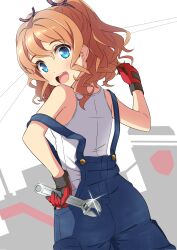 Rule 34 | 1girl, blue eyes, blue overalls, commission, cowboy shot, from behind, gloves, high school fleet, highres, looking at viewer, looking back, multicolored clothes, multicolored gloves, nonbe, open mouth, orange hair, overalls, red gloves, round teeth, shirt, skeb commission, sleeveless, sleeveless shirt, smile, solo, teeth, twintails, upper teeth only, wavy mouth, white shirt, wrench, yanagiwara maron