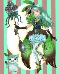 Rule 34 | 1girl, aqua hair, bird, black gloves, bloomers, blue pantyhose, bow, braid, drill hair, duck, earrings, elbow gloves, expressionless, food, food-themed clothes, food as clothes, full body, ginshima jill, gloves, green bow, green eyes, green hair, green pantyhose, hat, high heels, ice cream, ice cream cone, jewelry, leaf, leggings, long hair, looking at viewer, mint, original, pantyhose, personification, pocketland, popsicle, spoon, standing, striped, striped background, underwear