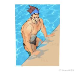 Rule 34 | 1boy, abs, bara, bulge, draven, headband, kantocryz, large pectorals, league of legends, looking at viewer, male focus, mature male, muscular, muscular male, navel, nipples, pectorals, seductive smile, short hair, smile, solo, thick eyebrows, topless male
