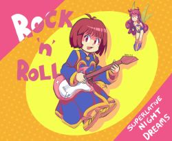 Rule 34 | 2girls, antenna hair, bikini, bob cut, cotton (character), cotton (game), english text, fairy, fairy wings, fang, female focus, guitar, highres, holding, holding instrument, instrument, long hair, multiple girls, open mouth, purple bikini, purple footwear, purple hair, red hair, robe, short hair, silk (cotton), swimsuit, triangle (instrument), wings, witch, yellow footwear