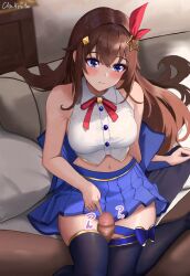Rule 34 | 1boy, 1girl, black thighhighs, blue skirt, blue vest, blush, breasts, brown hair, censored, challrote, collared shirt, commentary, hair ornament, hetero, hololive, large breasts, long hair, mosaic censoring, navel, penis, poking penis, purple eyes, shirt, skirt, sleeveless, sleeveless shirt, star (symbol), star hair ornament, thigh sex, thighhighs, tokino sora, tokino sora (1st costume), unworn vest, vest, virtual youtuber
