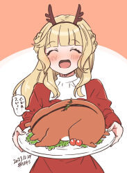 Rule 34 | 1girl, ^ ^, blonde hair, blush, cherry tomato, christmas, closed eyes, dated, dress, fake antlers, food, highres, holding, holding plate, kantai collection, kirisawa juuzou, long hair, long sleeves, looking at viewer, open mouth, plate, ranger (kancolle), red dress, signature, simple background, solo, tomato, translation request, two-tone background