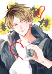 Rule 34 | 1boy, blonde hair, blue hoodie, closed mouth, doodle inset, flower, given, halftone, heart, heart hands, highres, hood, hoodie, kashima hiiragi (given), light smile, looking at viewer, male focus, multicolored hair, one eye closed, rink 5525, shirt, short hair, solo, streaked hair, sunflower, two-tone hair, upper body, white background, white shirt, yellow flower