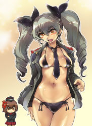 Rule 34 | 10s, 2girls, anchovy (girls und panzer), anger vein, angry, between breasts, bikini, black bikini, black bra, black panties, blush, bra, breasts, brown eyes, brown hair, chibi, curvy, drill hair, fang, female focus, girls und panzer, grey hair, hair ornament, hair ribbon, hat, hisahiko, jacket, large breasts, looking at viewer, multiple girls, navel, necktie, necktie between breasts, nishizumi maho, open clothes, open mouth, open shirt, orange eyes, panties, revision, ribbon, shirt, skirt, string panties, swimsuit, tears, twin drills, twintails, underwear, uniform