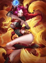 Rule 34 | 1girl, ahri (league of legends), alternate costume, animal ears, arm guards, bandaged arm, bandages, boots, braid, breasts, brown eyes, citemer, clothing cutout, cosplay, covered erect nipples, female focus, fighting stance, fingernails, fire, floating hair, fox ears, fox tail, foxfire ahri, glowing, gradient hair, hair ornament, hand up, highres, knee boots, kneepits, large breasts, league of legends, leg up, liuruoyu8888, long fingernails, long hair, looking at viewer, magic, mozilla (character), mozilla firefox, multicolored hair, multiple tails, nail polish, open mouth, purple hair, red hair, red nails, rope, side cutout, signature, single braid, solo, tail, watermark, web address, yellow eyes
