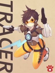 Rule 34 | 1girl, bad id, bad pixiv id, black gloves, bodysuit, bomber jacket, brown eyes, brown hair, brown jacket, character name, chest harness, clothes writing, cross-laced clothes, cross-laced legwear, dual wielding, elbow gloves, full body, fur trim, gloves, goggles, gun, handgun, harness, high collar, holding, holding gun, holding weapon, jacket, leather, leather jacket, logo, looking at viewer, nekomo, overwatch, overwatch 1, pants, paw print, pistol, shoes, short hair, short sleeves, skin tight, sleeves rolled up, smile, solo, spiked hair, swept bangs, thighs, tight clothes, tight pants, tracer (overwatch), union jack, vambraces, weapon