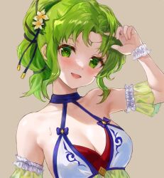 Rule 34 | 1girl, breasts, cleavage, fire emblem, fire emblem: the sacred stones, fire emblem heroes, flower, frills, green eyes, green hair, highres, jurge, l&#039;arachel (fire emblem), l&#039;arachel (summer) (fire emblem), medium breasts, nintendo, smile, solo, sweatdrop, swimsuit, twintails
