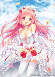 Rule 34 | 1girl, :d, akkijin, bare shoulders, bouquet, breasts, bridal veil, center opening, choker, cleavage, detached sleeves, dress, flora (shinkai no valkyrie), flower, garter straps, hair flower, hair ornament, jewelry, long hair, necklace, official art, open mouth, petals, pink eyes, shinkai no valkyrie, smile, solo, strapless, strapless dress, thighhighs, veil, wedding dress, white thighhighs