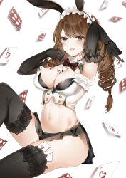 Rule 34 | 1girl, :d, absurdres, ace (playing card), ace of hearts, animal ears, arm behind head, armpits, azur lane, between breasts, bikini, black bikini, black skirt, black thighhighs, blouse, blue eyes, blush, bow, bowtie, breast tattoo, breasts, brown hair, card, card background, card between breasts, choker, cleavage, commentary, cowboy shot, crop top, dead or alive, dead or alive xtreme, drill hair, fake animal ears, frilled choker, frilled gloves, frilled hairband, frills, gloves, groin, hairband, heart, heart tattoo, highleg, highleg bikini, highres, holding, holding card, knee up, large breasts, long hair, looking at viewer, midriff, miniskirt, monica (doa), navel, open mouth, playing card, rabbit ears, shirt, sidelocks, simple background, sitting, skindentation, skirt, sleeveless, sleeveless shirt, smile, solo, swimsuit, tattoo, thighhighs, thighs, twin drills, white background, white shirt, yukineko1018
