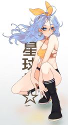 Rule 34 | 1girl, bad id, bad twitter id, black footwear, black socks, blue eyes, blue hair, borrowed character, breasts, camisole, choker, commentary, crop top, earrings, english commentary, fingernails, full body, hairband, highres, jewelry, long hair, bae minah (chaesu), nail polish, octoboo, original, shoes, signature, small breasts, sneakers, socks, solo, spaghetti strap, squatting, v, yellow choker, yellow hairband