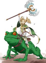 Rule 34 | 1girl, animal, axe, blonde hair, commentary, english commentary, fire emblem, fire emblem awakening, fire emblem warriors, frog, full body, highres, holding, holding axe, holding staff, igni tion, lissa (fire emblem), nintendo, oversized animal, saddle, sidesaddle, solo, staff, tabard, twintails, weapon combination, white background