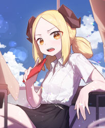 Rule 34 | 1girl, alternate costume, arknights, beudelb, black skirt, blonde hair, blue sky, cellphone, chair, cloud, cloudy sky, collared shirt, demon horns, desk, highres, holding, holding phone, horns, ifrit (arknights), indoors, lens flare, open mouth, phone, pleated skirt, reclining, school uniform, sharp teeth, shirt, short hair, short twintails, sidelocks, sitting, skirt, sky, smartphone, solo, teeth, twintails, white shirt