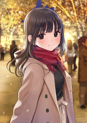 Rule 34 | 3boys, 3girls, absurdres, bad id, bad pixiv id, black eyes, black hair, black sweater, blurry, blurry background, blush, breasts, breath, brown coat, brown skirt, christmas, closed mouth, coat, commentary request, depth of field, fringe trim, highres, hood, hood down, hooded coat, kentaurosu, long hair, matsuno chiya, multiple boys, multiple girls, open clothes, open coat, original, red scarf, ribbed sweater, scarf, skirt, small breasts, smile, solo focus, sweater