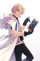 Rule 34 | 1boy, bag, black gloves, black pants, blonde hair, blue eyes, book, braid, character request, coat, commentary request, destiny unchain online: kyuuketsuki shoujo to natte yagate aka no maou to yobareru you ni narimashita, elf, glasses, gloves, grey shirt, hand up, highres, holding, holding book, looking at viewer, male focus, pants, pointy ears, shirt, short hair, shoulder bag, simple background, smile, solo, standing, white background, white coat, yachimoto