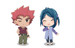 Rule 34 | 1boy, 1girl, asuka yuuma, blue hair, mizuki (onmyou taisenki), onmyou taisenki, red hair, simple background, white background