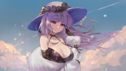 Rule 34 | 1girl, black gloves, breasts, cleavage, closed mouth, cloud, flower, girls&#039; frontline, gloves, hat, hat flower, highres, large breasts, long hair, long sleeves, looking at viewer, off shoulder, pink eyes, poho, purple hair, sky, solo, upper body, white hat, zb-26 (girls&#039; frontline)