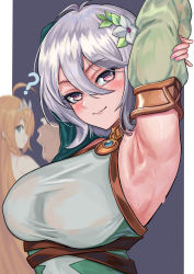 Rule 34 | 2girls, ?, aged up, alternate breast size, armpits, arms up, blonde hair, blue eyes, breasts, detached sleeves, eating, fingernails, flower, grey hair, hair between eyes, hair flower, hair ornament, hand on own arm, highres, kokkoro (princess connect!), large breasts, lips, long hair, looking at viewer, looking back, loooyd, multiple girls, nail polish, pink eyes, pink nails, presenting armpit, princess connect!, short hair, smile, sweat