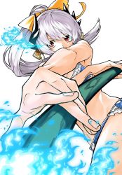 Rule 34 | 1girl, fate/grand order, fate (series), fire, foreshortening, frills, highres, kiyohime (fate), kiyohime (fate/grand order), kiyohime (swimsuit lancer) (fate), kiyohime (swimsuit lancer) (third ascension) (fate), kofunami nana, long hair, polearm, ponytail, red eyes, silver hair, solo, spear, swimsuit, weapon