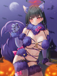 Rule 34 | 1girl, animal, animal ear fluff, animal ears, bat (animal), bikini, black hair, blue archive, blush, bow, breasts, bright pupils, cosplay, elbow gloves, fate/grand order, fate (series), fur-trimmed bikini, fur-trimmed gloves, fur-trimmed thighhighs, fur trim, gloves, hair ornament, hairpin, halloween, halloween costume, halo, highres, jack-o&#039;-lantern, lace, lace-trimmed thighhighs, large breasts, long hair, looking at viewer, mash kyrielight, mash kyrielight (cosplay), mash kyrielight (dangerous beast), mash kyrielight (dangerous beast) (cosplay), mijikayo, navel, open mouth, pink bow, purple bikini, purple gloves, purple thighhighs, red eyes, rio (blue archive), solo, swimsuit, thighhighs, white pupils