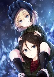 Rule 34 | 10s, 2girls, bad id, bad pixiv id, black hair, blonde hair, blue eyes, blurry, blush, buttons, camouflage, carrying, closed mouth, depth of field, eyebrows, eyelashes, fang, fang out, frown, girls und panzer, hair between eyes, hairband, hands on another&#039;s head, hat, highres, katyusha (girls und panzer), kneehighs, long hair, looking at viewer, military, military uniform, motion blur, multiple girls, neko sensha, nonna (girls und panzer), outdoors, shoes, short hair, shoulder carry, sitting, smile, snowing, socks, tree, uniform, wind, winter