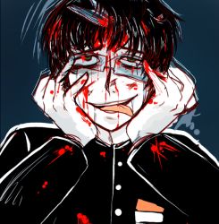 Rule 34 | 1boy, blood, blood on face, blood on clothes, blood on hands, corpse party, crazy, crazy eyes, crazy smile, glasses, green eyes, hands on own face, knife, monochrome, morishige sakutarou, school uniform, short hair, sketch, smile, tongue