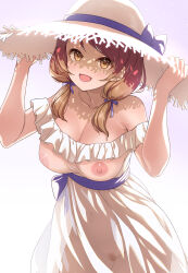 Rule 34 | 1girl, :d, bare shoulders, blush, breasts, brown eyes, brown hair, cleavage, commentary request, covered erect nipples, dress, female pubic hair, hair ribbon, hands up, hat, hat ribbon, highres, hojo karen, idolmaster, idolmaster cinderella girls, large breasts, looking at viewer, low twintails, mk (mod0), navel, nipples, no panties, open mouth, pubic hair, purple ribbon, ribbon, see-through, see-through dress, shadow, short twintails, smile, solo, strapless, strapless dress, sun hat, tress ribbon, twintails, white dress, white hat