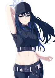 Rule 34 | 1girl, arm up, baseball cap, belt, black belt, black hat, black pants, black shirt, blue archive, blue eyes, blue hair, breasts, commentary, cowboy shot, crop top, goron (w58ibhohu2pidth), hat, large breasts, leggings, long hair, looking at viewer, midriff, navel, pants, saori (blue archive), shirt, simple background, solo, standing, stomach, very long hair, white background
