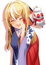 Rule 34 | 1girl, ^ ^, absurdres, ahoge, asa no ha (pattern), blonde hair, blue kimono, blush, breasts, closed eyes, closed mouth, commentary, eyelashes, floral print, furisode, gloves, hair between eyes, hakama, hakama skirt, hand in own hair, highres, hololive, japanese clothes, kagami mochi, kimono, kintsuba (shiranui flare), leaning forward, long hair, looking at viewer, medium breasts, meme tesshin, multicolored hair, new year, open mouth, pointy ears, red gloves, red hakama, shadow, shiranui flare, shiranui flare (new year), simple background, skirt, solo, streaked hair, symbol-shaped pupils, two-tone hair, virtual youtuber, white background, white hair, wide sleeves