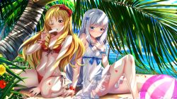 Rule 34 | 10s, 2girls, ;p, alternate costume, arm support, ball, bare shoulders, barefoot, beach, beachball, bikini, blonde hair, blue eyes, blush, bow, breasts, brown eyes, building, day, dress, drill hair, embarrassed, eromanga sensei, flower, food, forest, hair bow, hairband, hibiscus, highres, izumi sagiri, lens flare, long hair, looking at viewer, looking down, midriff, multiple girls, nature, navel, one eye closed, outdoors, palm tree, pointy ears, popsicle, red bikini, red bow, short dress, silver hair, sitting, small breasts, stomach, swimsuit, swordsouls, thighs, tongue, tongue out, tree, twin drills, wariza, water, wavy hair, yamada elf