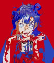 Rule 34 | 1girl, amulet, arm tattoo, blood, blue eyes, blue hair, bow, chest tattoo, creepy eyes, eyelashes, facial mark, facial tattoo, fangs, flaming eye, grin, hair bun, hair ornament, hairclip, highres, jewelry, ka9 qq, light blue hair, looking at viewer, messy hair, neck tattoo, necklace, open mouth, original, pale skin, red background, red bow, red ribbon, ribbon, sharp teeth, shoulder tattoo, sidelocks, simple background, smile, solo, tattoo, teeth, upper body