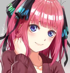 Rule 34 | 1girl, aviary, black ribbon, blue eyes, blunt bangs, butterfly hair ornament, closed mouth, commentary, go-toubun no hanayome, grey background, hair ornament, hair ribbon, hand on own neck, highres, looking at viewer, nakano nino, pink hair, ribbon, signature, smile, solo, sweater, two side up, upper body
