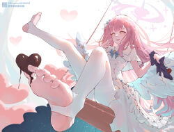 Rule 34 | 1girl, barefoot, between toeswings, blue archive, candy, chocolate, chocolate heart, feet, heart, highres, holding, holding shoes, light blush, long hair, looking at viewer, mika (blue archive), open mouth, pink hair, shoes, unworn shoes, soles, stirrup legwear, swing, toeless legwear, toes, yellow eyes