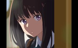 Rule 34 | 1girl, black hair, blue dress, commentary request, dress, ginnouchi, inoue takina, long hair, lycoris recoil, lycoris uniform, microsoft powerpoint (medium), parted lips, partial commentary, peeking out, pillarboxed, purple eyes, solo