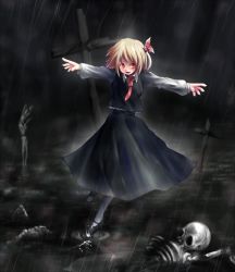 Rule 34 | 1girl, bad id, bad pixiv id, blonde hair, bone, bow, creepy, cross, embodiment of scarlet devil, fang, female focus, hair bow, hair ribbon, highres, necktie, outstretched arms, rain, red eyes, ribbon, rumia, short hair, skull, solo, spread arms, touhou, usuki (graygreed)