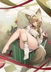 Rule 34 | 1girl, absurdres, animal ear fluff, arknights, barefoot, beanstalk (arknights), beanstalk (gift uncompleted) (arknights), bell, box, brown hair, feet, full body, green hairband, green nails, green ribbon, hair between eyes, hair ribbon, hairband, highres, hyena ears, hyena girl, hyena tail, jiusan naitang, knees together feet apart, long hair, long sleeves, multicolored nails, nail polish, neck bell, no shoes, off-shoulder sweater, off shoulder, official alternate costume, parted lips, red eyes, red nails, ribbon, ribbon braid, single sock, socks, solo, sweater, white socks, white sweater