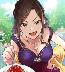 Rule 34 | 1girl, :d, breasts, brown hair, character name, cleavage, collarbone, commentary request, dated, day, dress, earrings, fang, food, fork, green eyes, hand on own hip, happy birthday, holding, holding fork, idolmaster, idolmaster cinderella girls, jewelry, large breasts, long hair, looking at viewer, mukai takumi, necklace, open mouth, outdoors, sako misaki, shawl, signature, sleeveless, sleeveless dress, smile, solo, yellow shawl