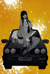 1girl alex_benedetto black_hair black_necktie black_pants bmw bmw_3_series bmw_e30 breasts car completely_nude english_text facing_viewer female_masturbation fishnet_thighhighs fishnets gangsta gun hair_over_eyes handgun high_heels highres holding holding_gun holding_weapon kohske license_plate licking_lips long_hair looking_at_viewer m1911 masturbation medium_breasts motor_vehicle necktie non-web_source nude on_car paint_splatter pants partially_colored public_indecency public_masturbation public_nudity suspenders thighhighs tongue tongue_out trigger_discipline undressing weapon white_wrist_cuffs wrist_cuffs