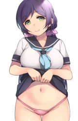 Rule 34 | 1girl, black skirt, blue neckwear, breasts, closed mouth, clothes lift, duke (inu daimyou), green eyes, hair ornament, hair scrunchie, large breasts, lifted by self, long hair, looking at viewer, love live!, love live! school idol project, low twintails, navel, panties, pink panties, pink scrunchie, purple hair, sailor collar, school uniform, scrunchie, serafuku, short sleeves, simple background, skirt, skirt lift, smile, solo, tojo nozomi, twintails, underwear, white background
