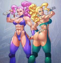 Rule 34 | 2girls, abs, ahoge, ass, blonde hair, blue eyes, boots, breasts, brenda, capcom, captain commando, carol, cleavage, collarbone, eyeshadow, hip focus, jiggeh, knee pads, large breasts, lipstick, long hair, makeup, midriff, multiple girls, muscular, muscular female, one eye closed, pink eyes, pink hair, ponytail, smile, thigh boots, thighhighs, thong, wink
