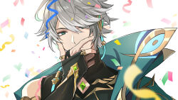 Rule 34 | 1boy, alhaitham (genshin impact), black gloves, black shirt, cable, cape, chest jewel, commentary request, confetti, covering own mouth, elbow gloves, gem, genshin impact, gloves, gold trim, green cape, green eyes, green gemstone, green hair, grey hair, hair between eyes, hand up, headphones, looking at viewer, male focus, multicolored hair, nagatukiarare, parted bangs, partially fingerless gloves, shirt, short hair, sidelocks, simple background, sleeveless, sleeveless shirt, solo, streamers, swept bangs, upper body, white background