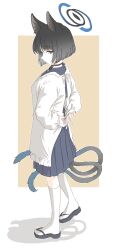 1girl absurdres animal_ears apron bakeneko black_choker black_eyes black_footwear black_hair blue_archive blue_sailor_collar blue_serafuku blue_shirt blue_skirt cat_ears cat_tail choker commentary_request full_body halo hariyaa highres kikyou_(blue_archive) multiple_tails nekomata pleated_skirt profile ribbon_choker sailor_collar sandals school_uniform serafuku shirt short_hair skirt socks solo standing tabi tail two-tone_background two_tails tying_apron white_apron white_background white_socks yellow_background zouri