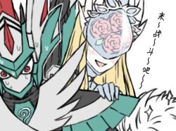 Rule 34 | 1boy, 1girl, armor, bird, blonde hair, blush, cendrillmon, commentary request, digimon, digua92537359, floral print, grabbing, grabbing from behind, helmet, knight, long hair, lowres, print headwear, rose print, smile, surprised, sweat, translation request, upper body, zephagamon