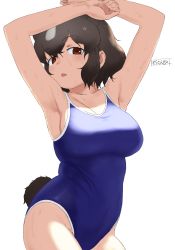 Rule 34 | 1girl, animal ears, armpits, arms up, bare arms, bare shoulders, bear ears, bear girl, bear tail, black hair, blue one-piece swimsuit, breasts, brown bear (kemono friends), brown eyes, collarbone, competition school swimsuit, cowboy shot, extra ears, grey hair, hair between eyes, half-closed eyes, highres, kemono friends, large breasts, looking at viewer, masuyama ryou, multicolored hair, one-piece swimsuit, parted lips, school swimsuit, sidelocks, simple background, solo, swimsuit, tail, two-tone hair, wet, wet face, wet hair, white background