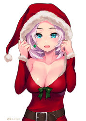 Rule 34 | 1girl, artist name, belt, blue eyes, blush, bow, breasts, christmas, cleavage, dragon quest, dragon quest x, dress, earrings, fur trim, hat, jewelry, kz ripo, large breasts, looking at viewer, open mouth, pink hair, red dress, riin (dq10), santa hat, short hair, smile, solo, white background