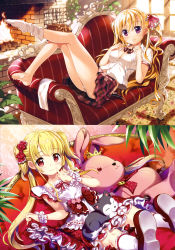 Rule 34 | 2girls, :3, absurdres, animal, animal on lap, apron, ass, barefoot, black neckwear, black skirt, blonde hair, blush, bow, bowtie, breasts, brown carpet, carpet, cat, cat on lap, cleavage, collarbone, collared shirt, copyright request, couch, crown, day, diagonal-striped bow, diagonal-striped bowtie, diagonal-striped clothes, diagonal-striped neckwear, dress, dress bow, eyes visible through hair, feet, finger to face, fireplace, firewood, floral print, flower, flower ornament, frilled apron, frilled bow, frilled dress, frilled legwear, frilled ribbon, frills, fujima takuya, grey cat, hair between eyes, hair bow, hair flower, hair ornament, hair ribbon, hands on own chest, head tilt, heart, highres, index finger raised, indoors, knee up, kneehighs, layered dress, leg up, long hair, looking at viewer, loose kneehigh, lying, mary janes, medium breasts, miniskirt, multiple girls, neck ribbon, no shoes, official art, on back, on lap, open clothes, open skirt, panties, pink flower, pink polka dots, pink ribbon, pinky out, plaid, plaid skirt, plant, pleated skirt, polka dot, polka dot bow, polka dot neckwear, print carpet, print shirt, purple eyes, red bow, red dress, red eyes, red flower, red footwear, red frills, red neckwear, red rose, red skirt, ribbon, ribbon-trimmed apron, ribbon-trimmed legwear, ribbon trim, rose, scan, school emblem, school uniform, shirt, shoes, side-tie panties, single kneehigh, single sock, single stripe, sitting, skirt, skirt hold, sleeping, sleeveless, sleeveless dress, smile, socks, star (symbol), star hair ornament, striped bow, striped bowtie, striped clothes, striped neckwear, striped ribbon, stuffed animal, stuffed rabbit, stuffed toy, sunlight, toes, twintails, two side up, unbuttoned, unbuttoned shirt, underwear, unworn legwear, white apron, white dress, white frills, white legwear, white panties, white polka dots, white ribbon, white shirt, white stripes, window