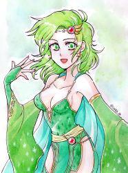 Rule 34 | 1girl, absurdres, aged up, breasts, cape, cleavage, detached sleeves, earrings, final fantasy, final fantasy iv, green eyes, green hair, hair ornament, highres, inaba tomoe, jewelry, long hair, looking at viewer, nail polish, open mouth, rydia (ff4), simple background, smile, solo, thighhighs