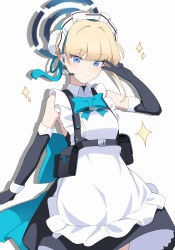 Rule 34 | 1girl, absurdres, apron, bare shoulders, beru3, black gloves, blonde hair, blue archive, blue eyes, blush, earpiece, elbow gloves, gloves, highres, looking at viewer, maid apron, maid headdress, simple background, solo, toki (blue archive), v, white background