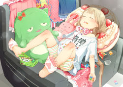 Rule 34 | 1girl, armchair, bare shoulders, barefoot, between toes, candy, candy wrapper, chair, closed eyes, clothes writing, collarbone, commentary request, feet, food, food in mouth, futaba anzu, gomennasai, headphones, headphones around neck, holding, holding food, idolmaster, idolmaster cinderella girls, idolmaster cinderella girls starlight stage, light brown hair, long hair, low twintails, lying, off shoulder, on back, open mouth, polka dot, shirt, short shorts, short sleeves, shorts, soles, solo, striped clothes, striped shorts, stuffed animal, stuffed cat, stuffed rabbit, stuffed toy, toes, twintails, very long hair, white shirt, you work you lose
