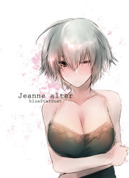 Rule 34 | 1girl, ;/, alternate costume, artist name, bare shoulders, breast hold, breasts, brown eyes, camisole, character name, cleavage, fate/grand order, fate (series), highres, jeanne d&#039;arc (fate), jeanne d&#039;arc alter (avenger) (fate), jeanne d&#039;arc alter (fate), kojima (blue stardust), large breasts, one eye closed, ruler (fate/grand order), short hair, silver hair, sleeveless, solo, upper body